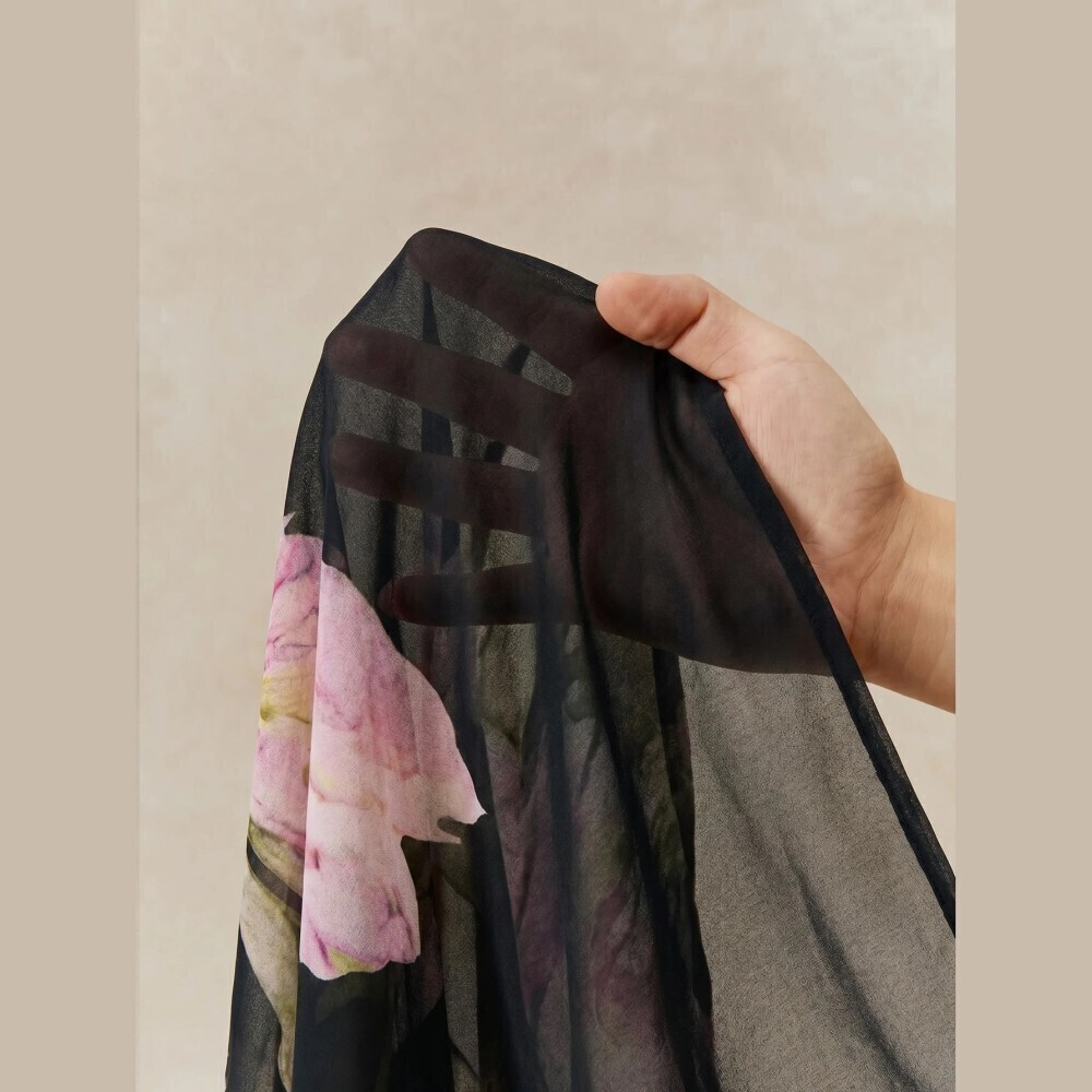 Black Watercolor Floral Print Sheer Chiffon Long Sleeve Button Up Blouse Shirt - Picture 7 of 7